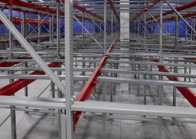 Close-up of three-deep back-to-back pushback racking at Mars Pet Care, highlighting the shared rear beam design that reduces racking costs in a -25°C freezer.