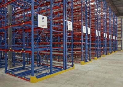 Two-deep back-to-back pushback racking integrated with selective rack at Mevotech, floor-mounted first level, six levels high, for auto parts storage in custom pushback colours.