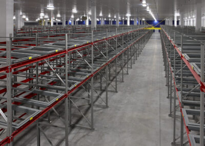 Three-deep pushback racking at Mars Pet Care, featuring roll-formed uprights with structural beams and two levels of racking over floor storage in a -25°C freezer.