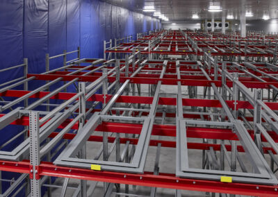 Three-deep back-to-back pushback racking at Mars Pet Care, with roll-formed uprights and structural beams over floor storage in a -25°C freezer.